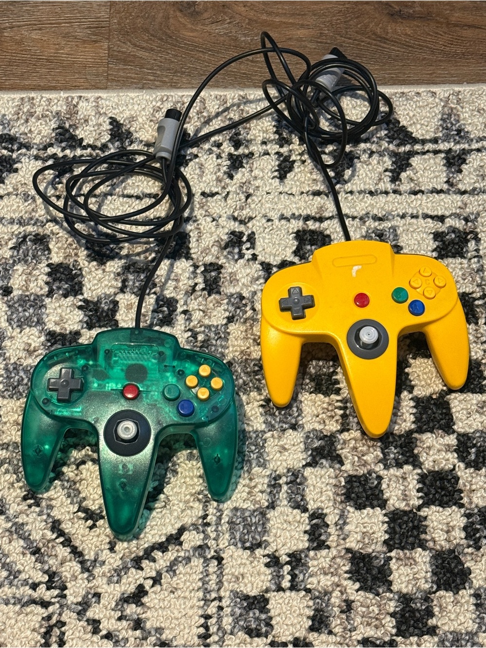 Nintendo N64 Controllers in Yellow and Transparent Green